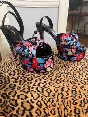 Fashion Nova Black Multicolor Floral Platform Slingback Heels